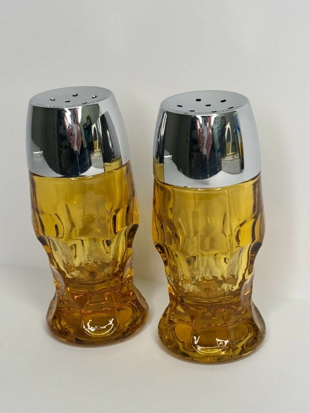 Vintage Amber Glass Salt & Pepper Shakers with Silver Tops